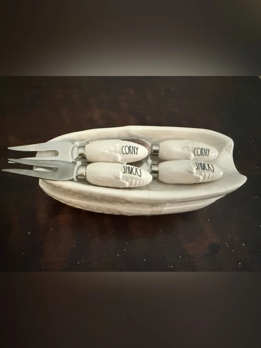 Rae Dunn White Ceramic Corn On The Cob Server Set